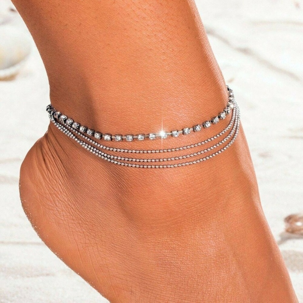 Crystal Ankle Bracelet Four Strand Ball Chain